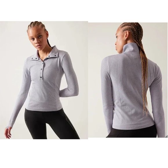 NWT Athleta Flurry Seamless Henley Top, Grey, Striped (Size S) - Picture 1 of 13